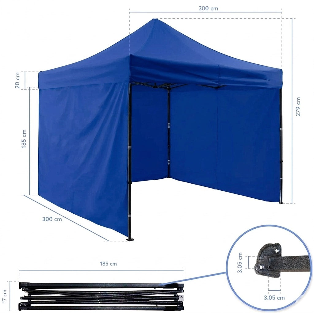 Toldo plegable 3x3 carpa filtro UV, azul + lateral azul